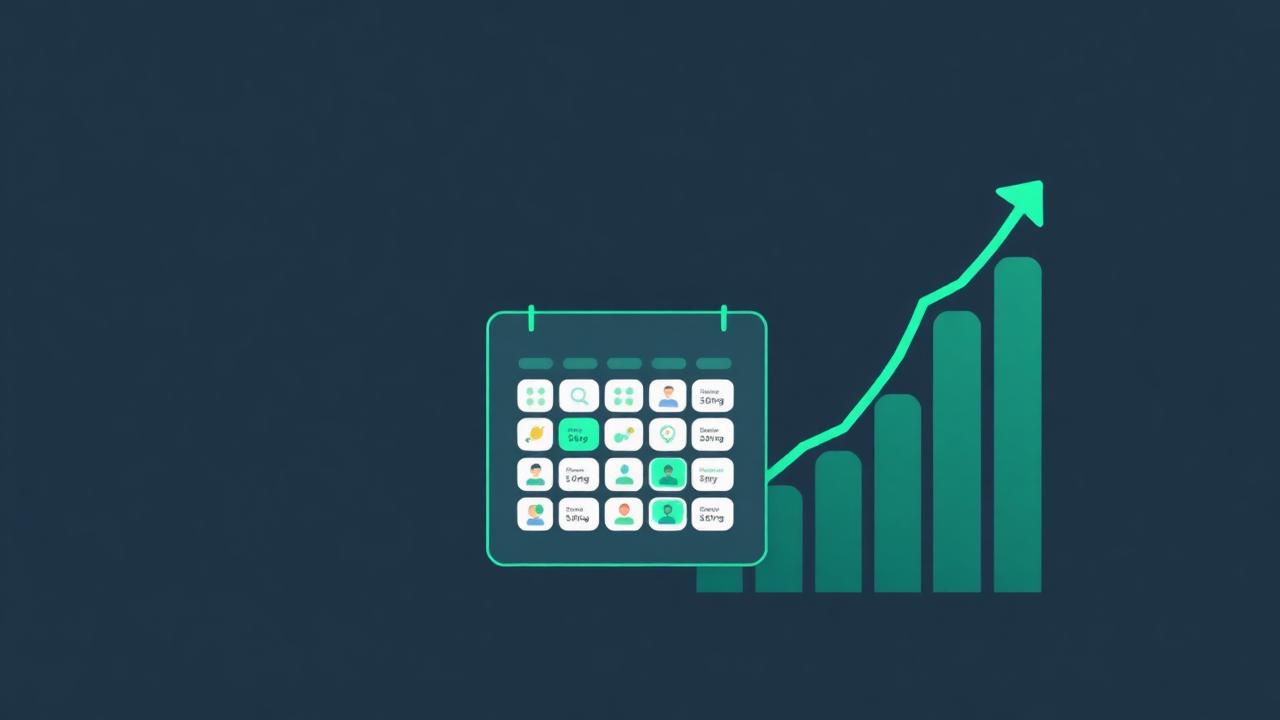 Posting calendar with consistent daily posts and a rising graph